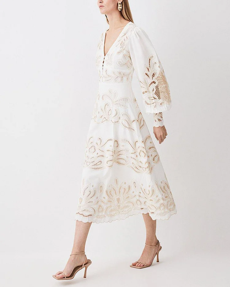 Mirrored Cutwork Tie Front Woven Midi Dress