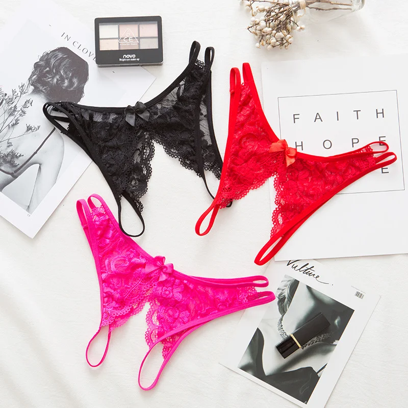 Uveng Sexy Lace Transparent Open Lady Underwear Free Of Hollow Seduction Low-Rise Hip Hot T-T Trousers