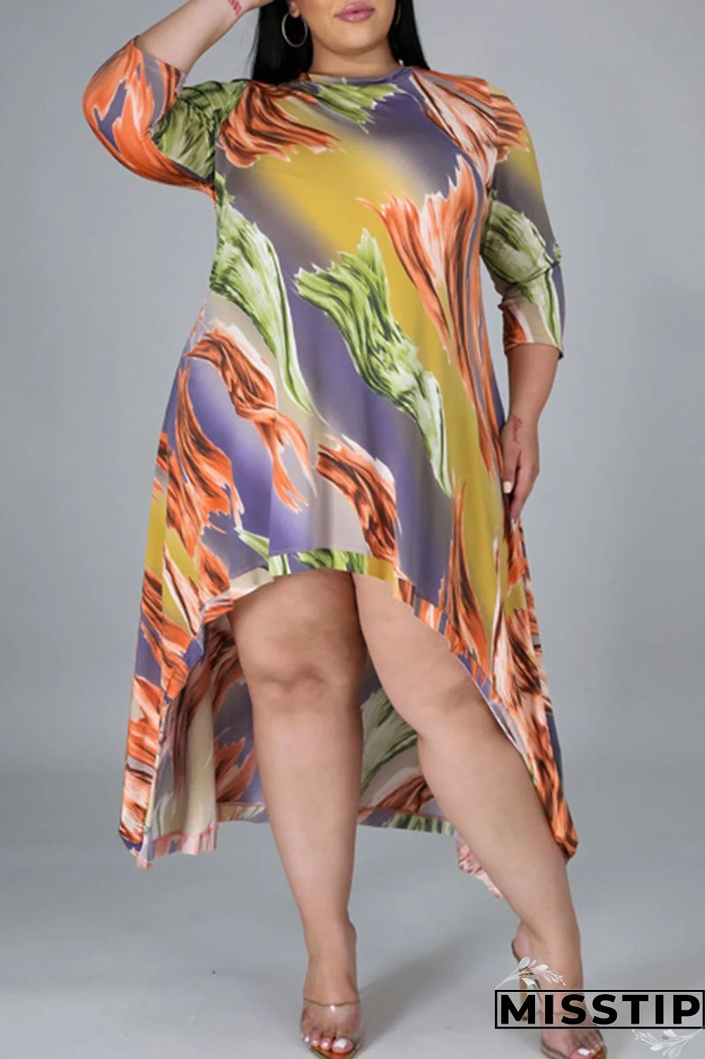 Deep Coffee Casual Print Patchwork Asymmetrical O Neck Irregular Dress Plus Size Dresses