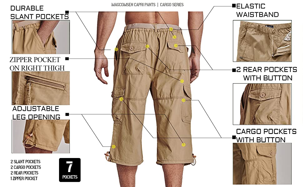 Men Summer Casual 3/4 Long Cargo Twill Cotton Elastic Waist Multiple Pockets Baggy Comfortable Capris Trousers