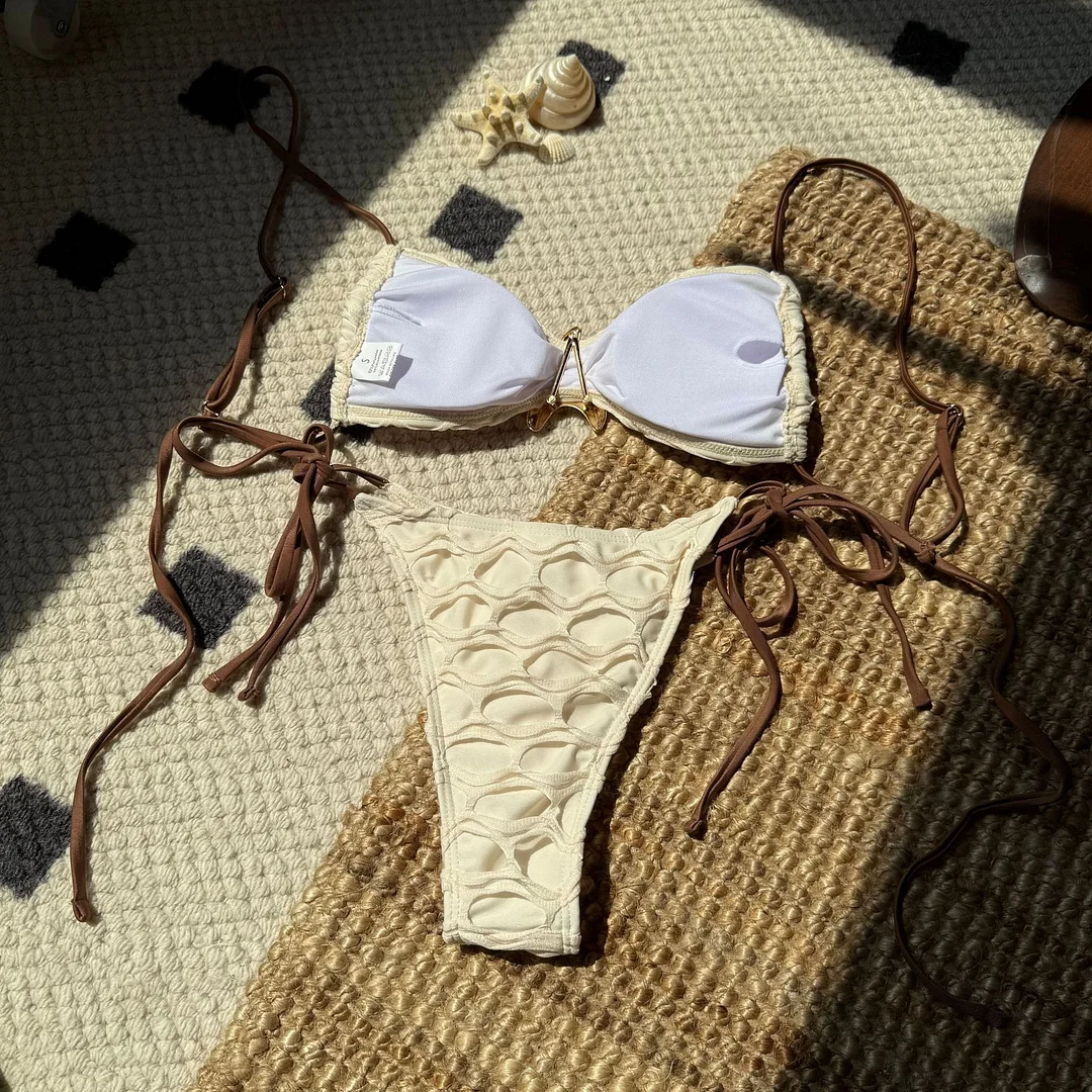 Uveng 2025 Sexy Bare Back Cloth Splicing Drawstring Strap Split Swimsuit Bikini