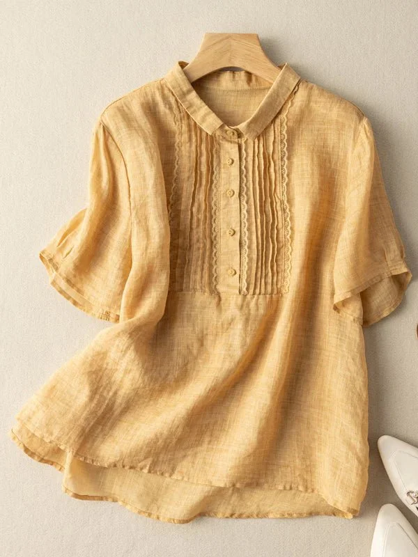 Solid Color Short Sleeve Casual Linen Pleated Top