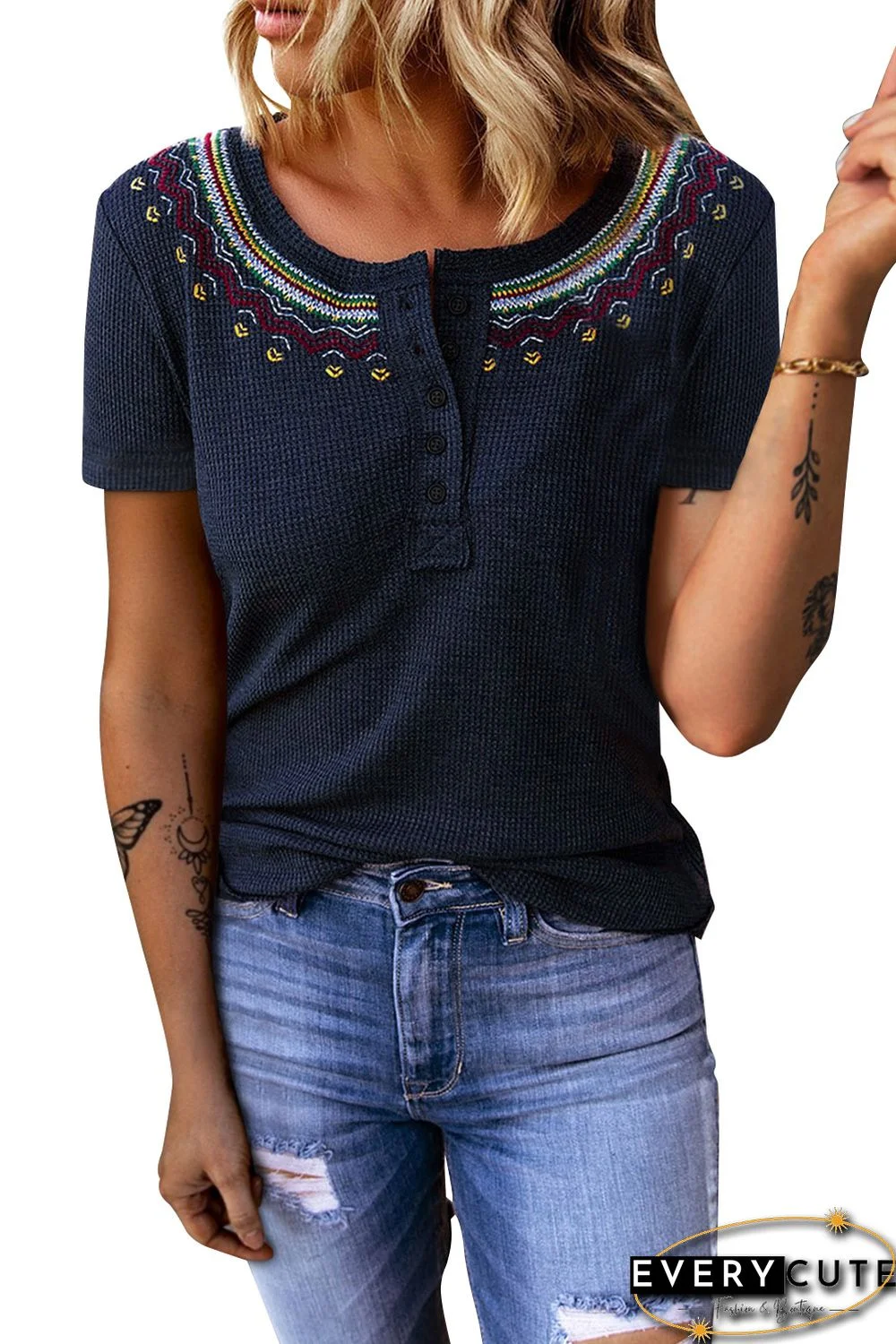 Blue Embroidered Waffle Knit Buttoned T-shirt