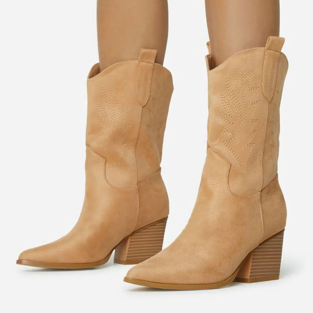 Tan Pointed Toe Vegan Suede Mid-Calf Western Boots for Women Nicepairs