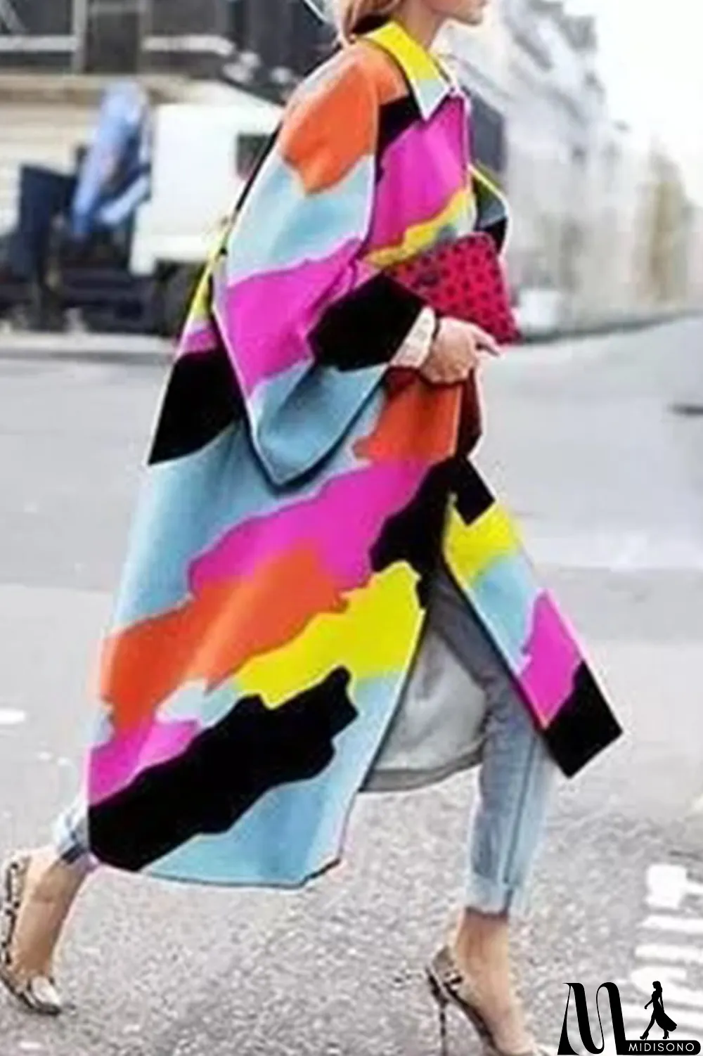 MidiSono - Yellow Blue Street Camouflage Print Patchwork Turndown Collar Outerwear