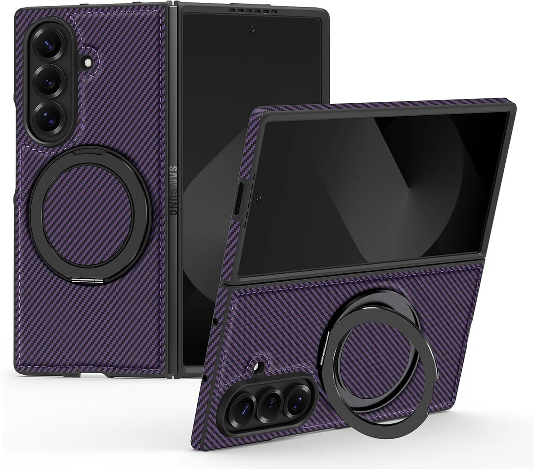 Magnetic for Samsung Galaxy Z Fold 7 Carbon Fiber Case with Stand, [Compatible with MagSafe] Aramid Fiber Twill 360&deg; Rotation Kickstand Thin PC Shockproof Case, Coffee