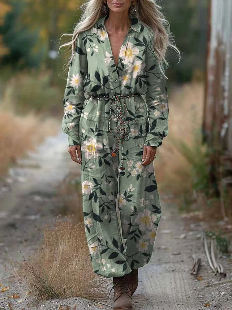 Women's Shirt Collar Floral Pattern Casual Cotton Wide Leg Long Sleeve Jumpsuit