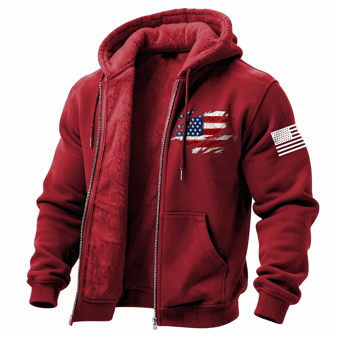 Men's Vintage American Flag Patriotic Fleece Pocket Full Zip Long Sleeve Hoodie Jacket