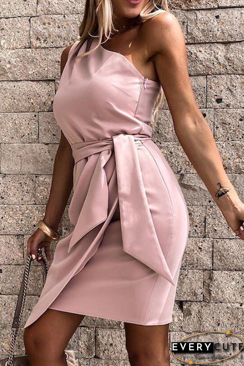 One Shoulder Belted Mini Dress