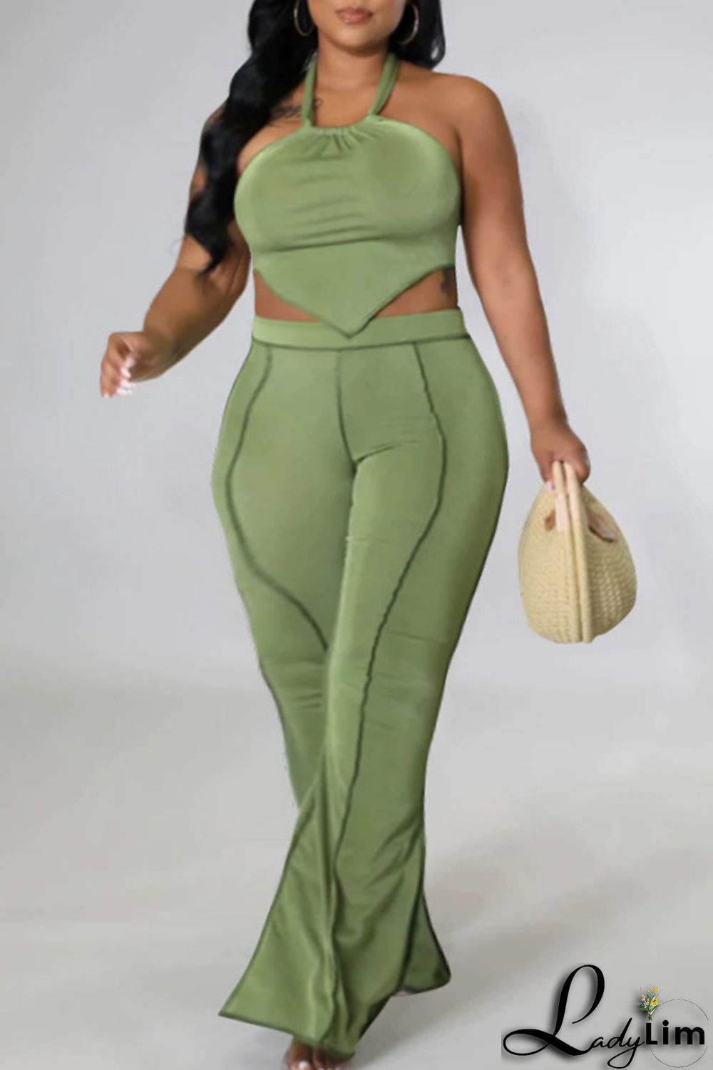 Black Sexy Solid Split Joint Backless Asymmetrical Halter Plus Size Two Pieces