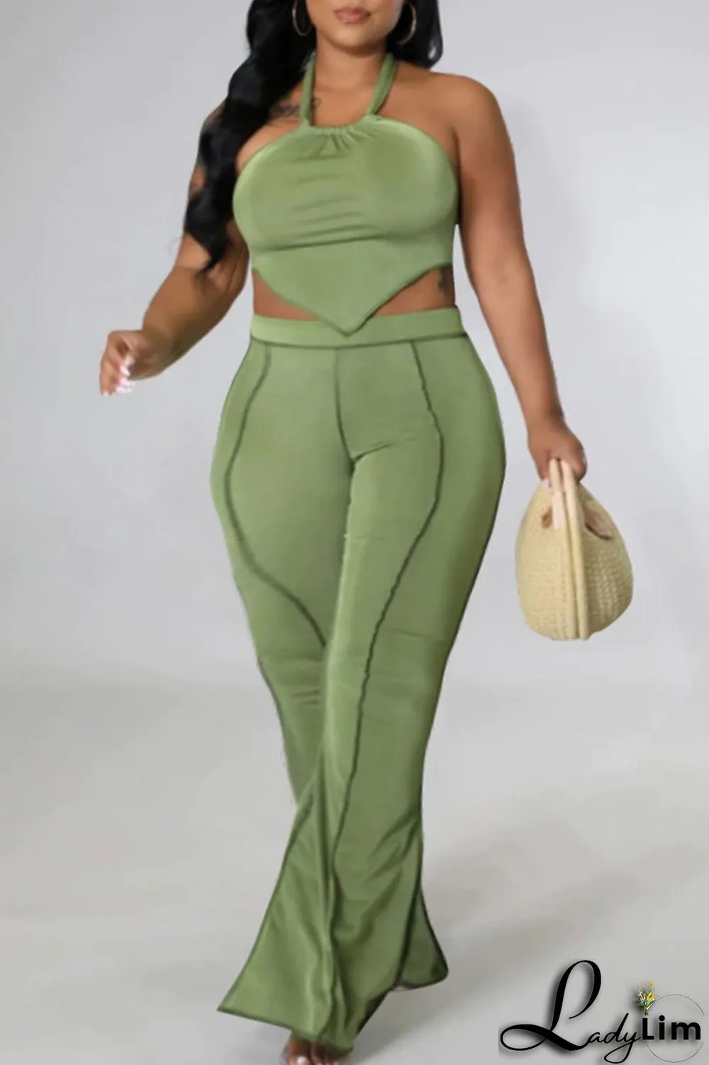 Black Sexy Solid Split Joint Backless Asymmetrical Halter Plus Size Two Pieces