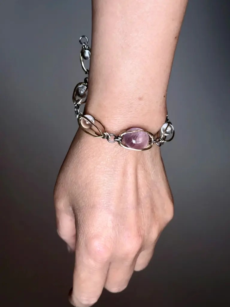 Amethyst and clear quartz wire wrapped vintage princess bracelet worn on wrist