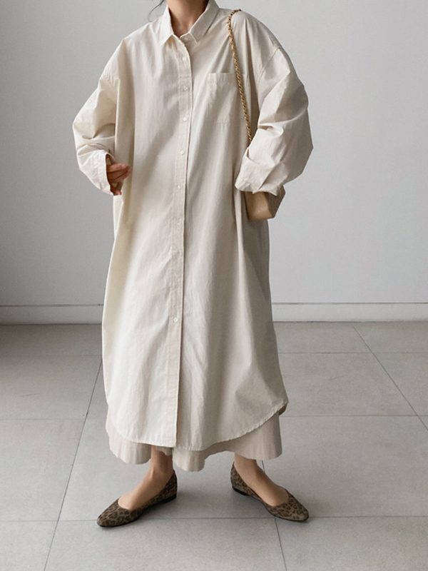 Loose Thin Solid Color Lapel Casual Shirt Dress