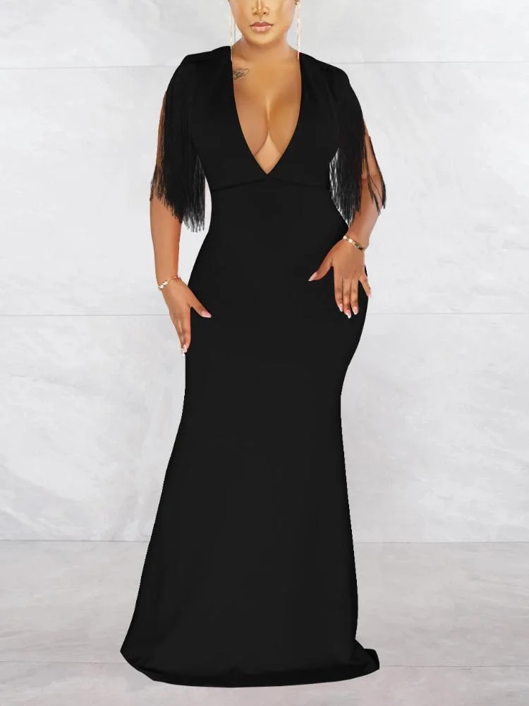 Neosepa-Modern Deep V Neck Fluttering Sleeve Tassel Trimmed Pure Color Mermaid Dress