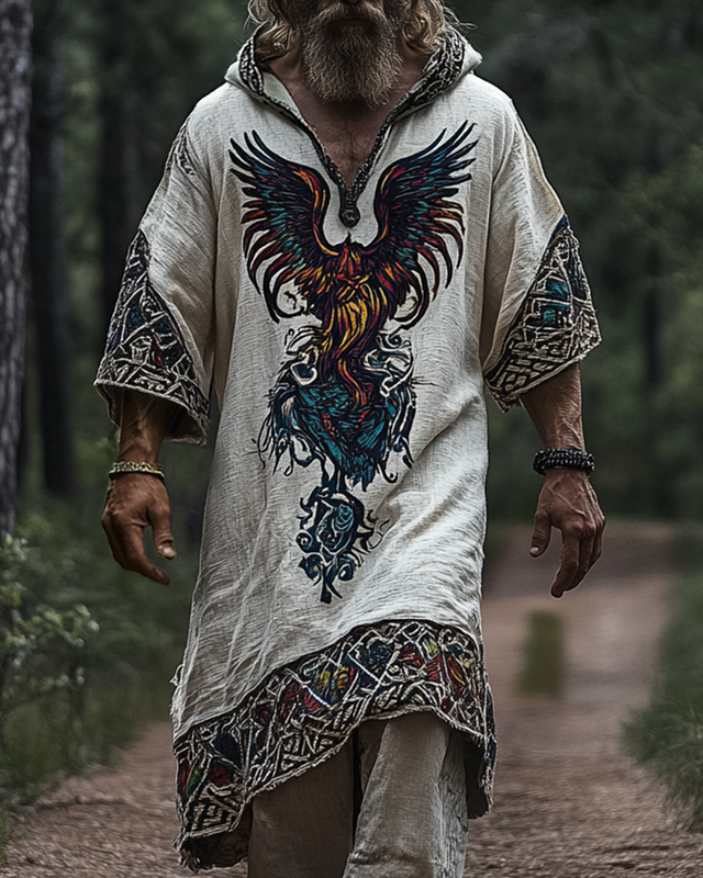 Men's Vacation Viking Kettle Phoenix Totem Three-Dimensional Embroidery Hooded Kaftan a5dc
