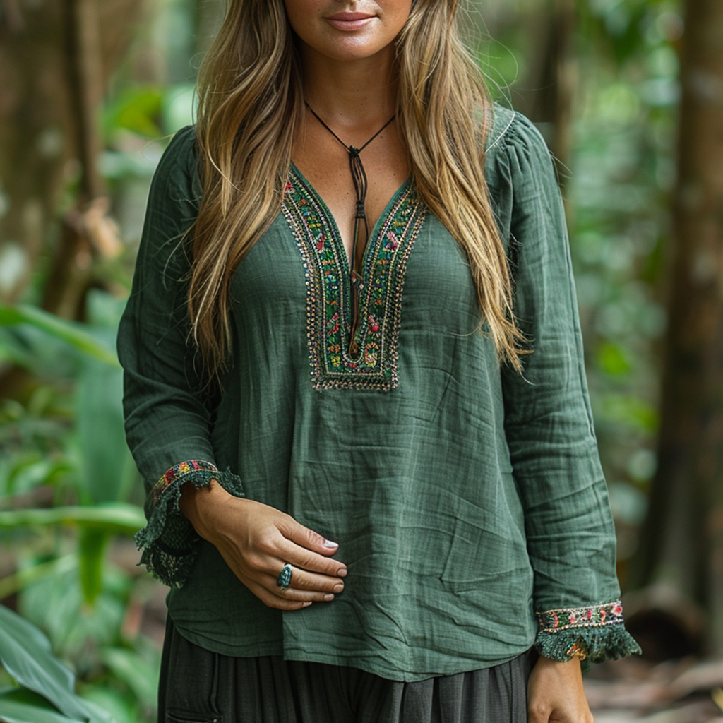 Simple Loose V-neck Long-sleeved Linen Shirt, Comfortable, Lazy And Breathable Linen Top