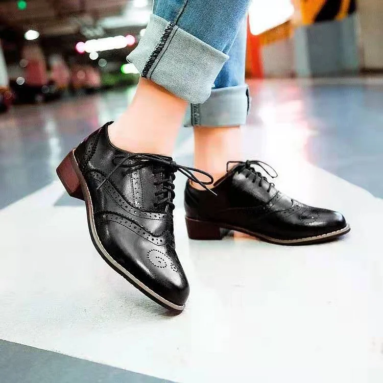 Women Classic Lace-Up Leather Flat   Stunahome.com