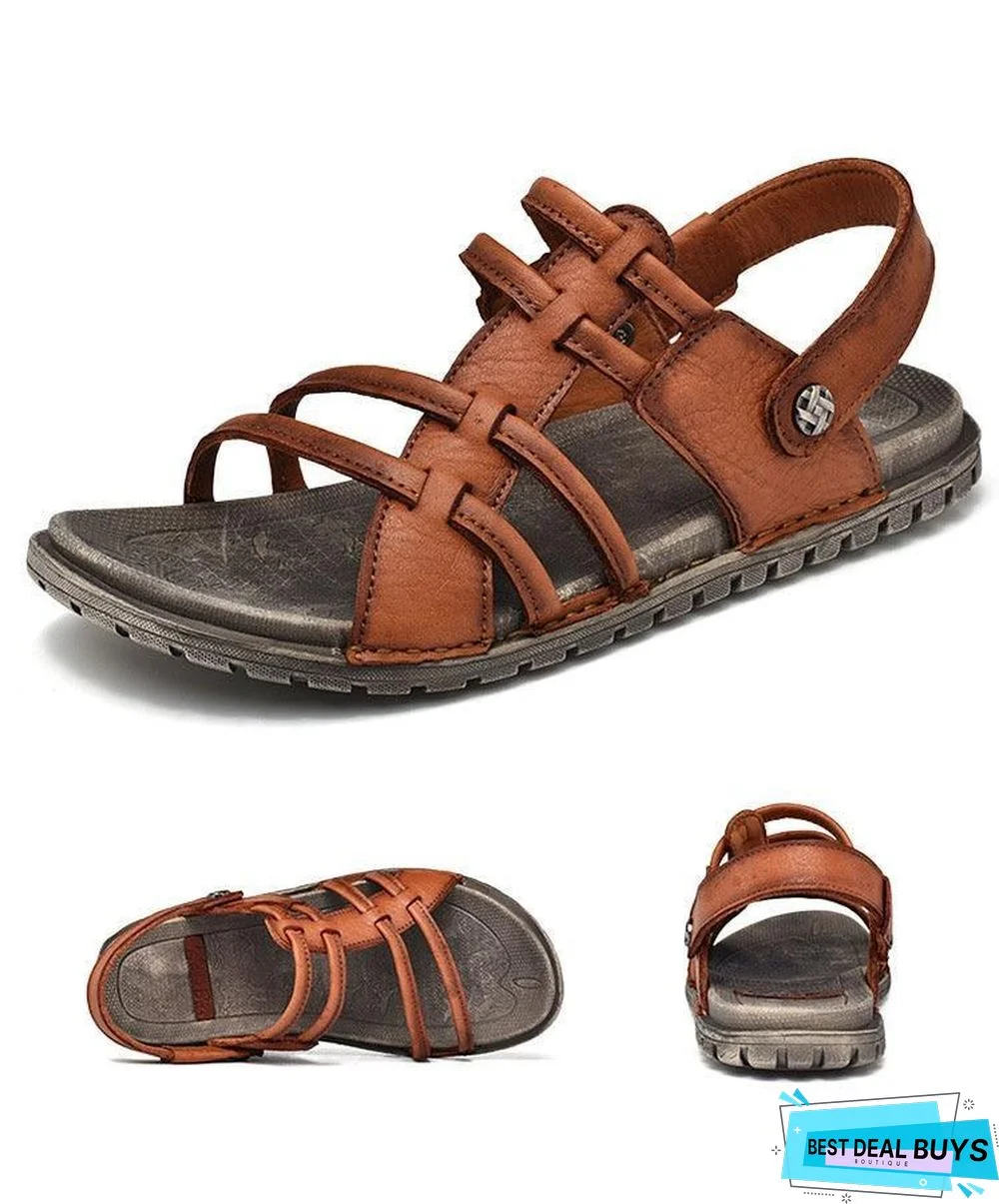 Men's Retro Genuine Leather Sandals Beach Non-Slip Slippers Shoes