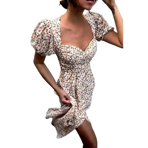 Beach Slit Vintage Floral Print V Neck Boho Mid Length Midi Dress