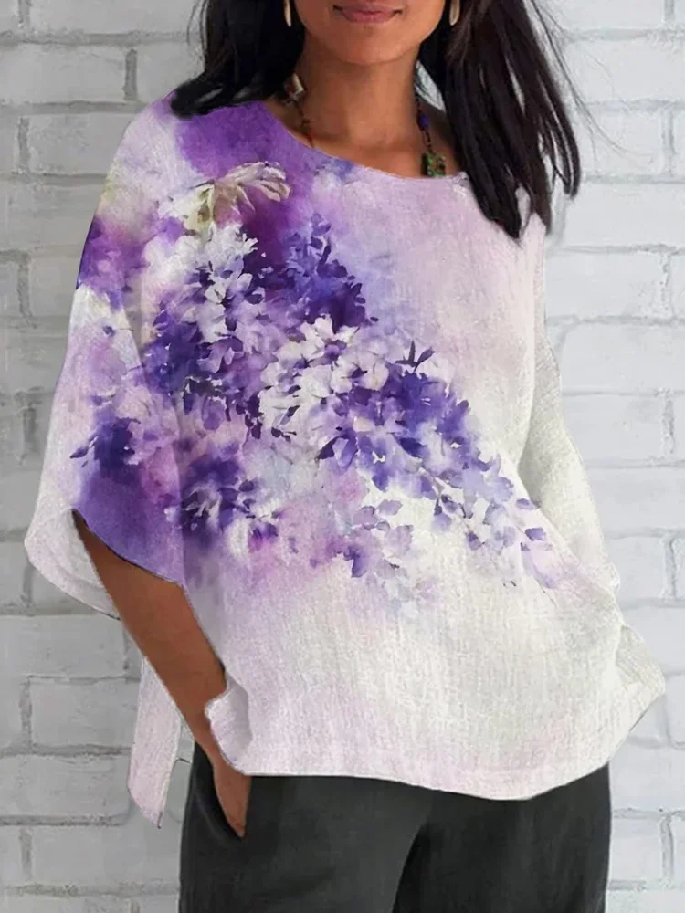 Women's Alzheimer'S Purple Flowers Print Round Neck Loose Shirt