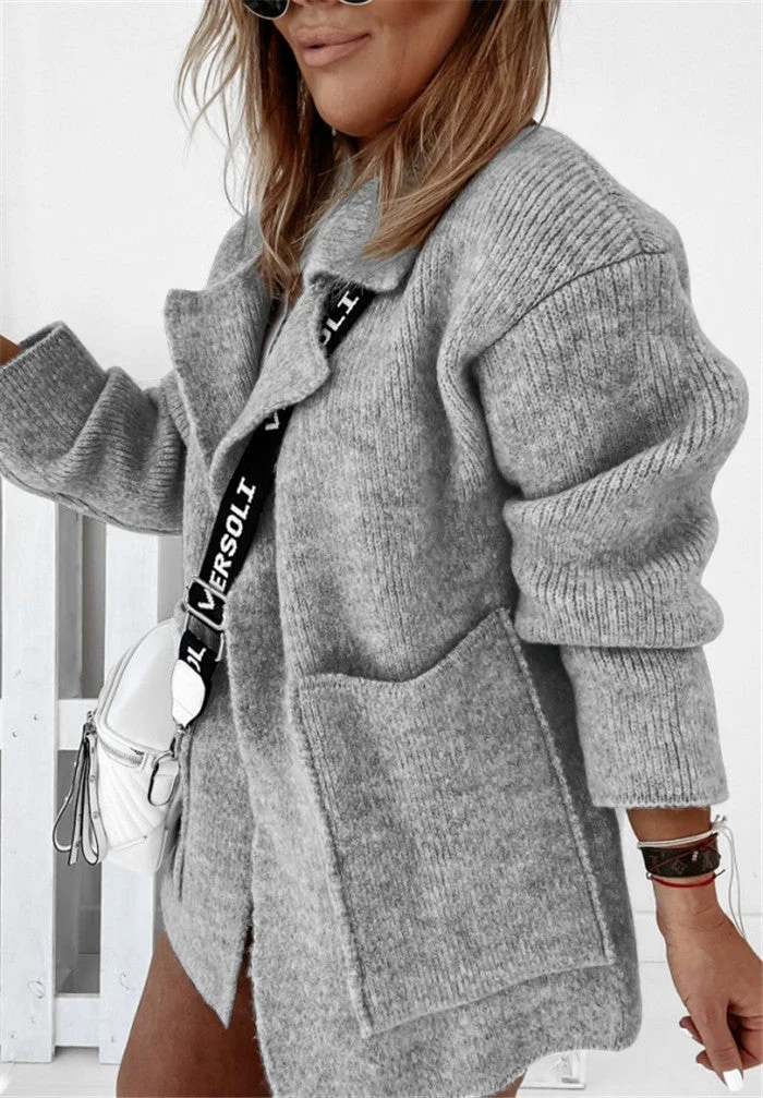 Brownm Street Collar Large Pocket Loose Knitted Sweaters