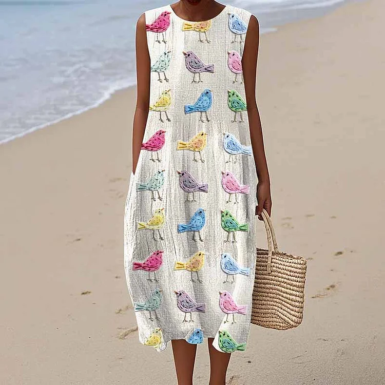 Women's Vintage Colorful Cute Bird Applique Art Midi Dress