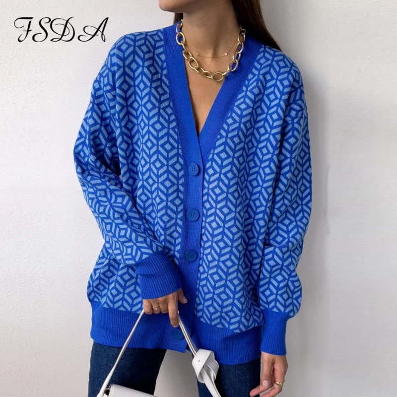 FSDA Autumn Winter Blue Knitted Cardigan Women V Neck Long Sleeve Fashion Sweater Casual Oversized Loose Top 2021