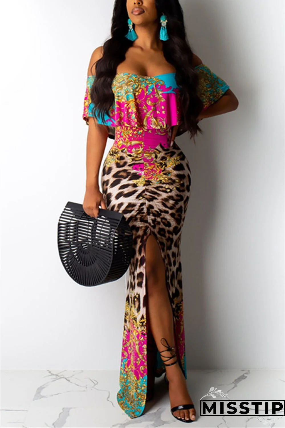 Pink Sexy Printing Off Shoulder Dress