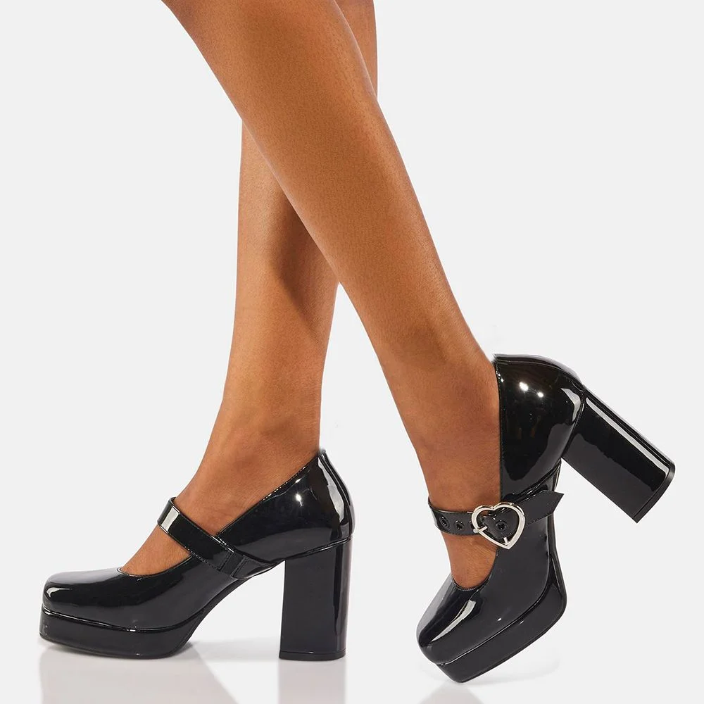 Platform Chunky Heels Black High Heels with Buckle Nicepairs