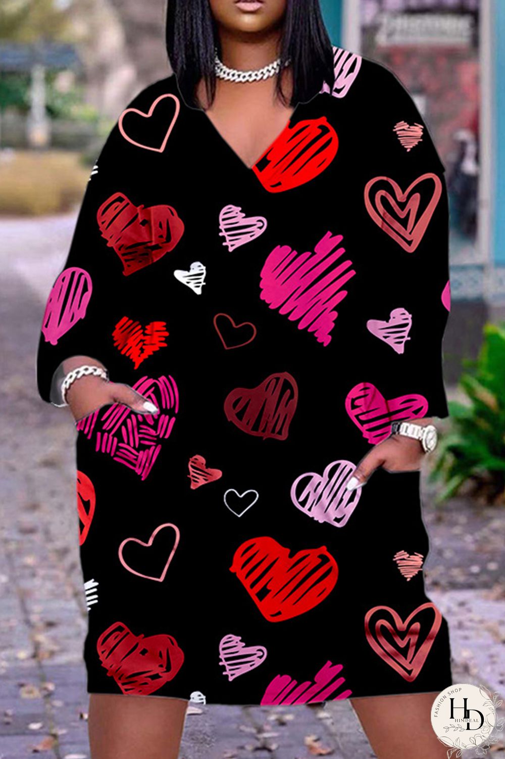 Deep Pink Casual Print Basic V Neck Long Sleeve Dresses