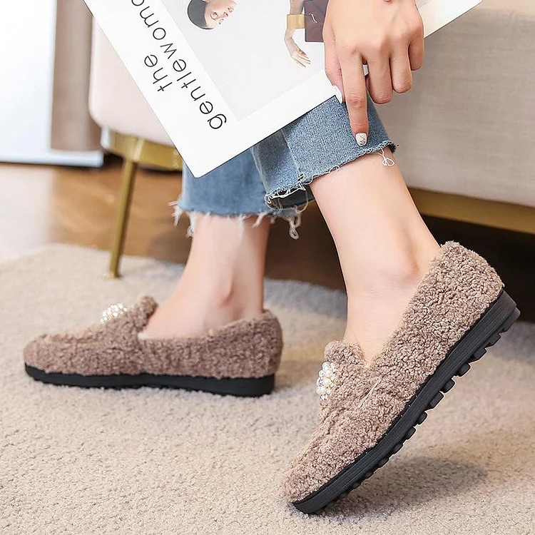Pearl Furry Flats Loafers shopify Stunahome.com