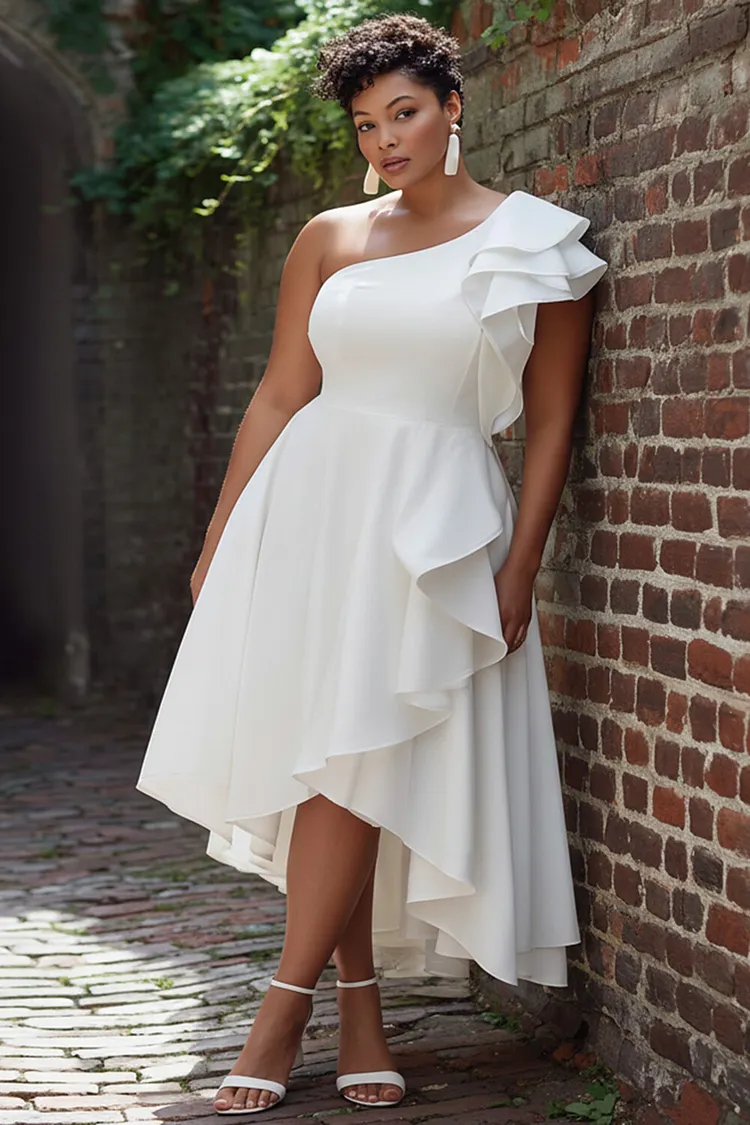 Xpluswear Design Plus Size Wedding White Oblique Collar One Shoulder Ruffle Asymmetric Hem Midi Dresses [Pre-Order] 2024 - Xpluswear