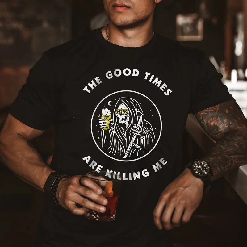 Death skull drinking beer designer T-shirt -  