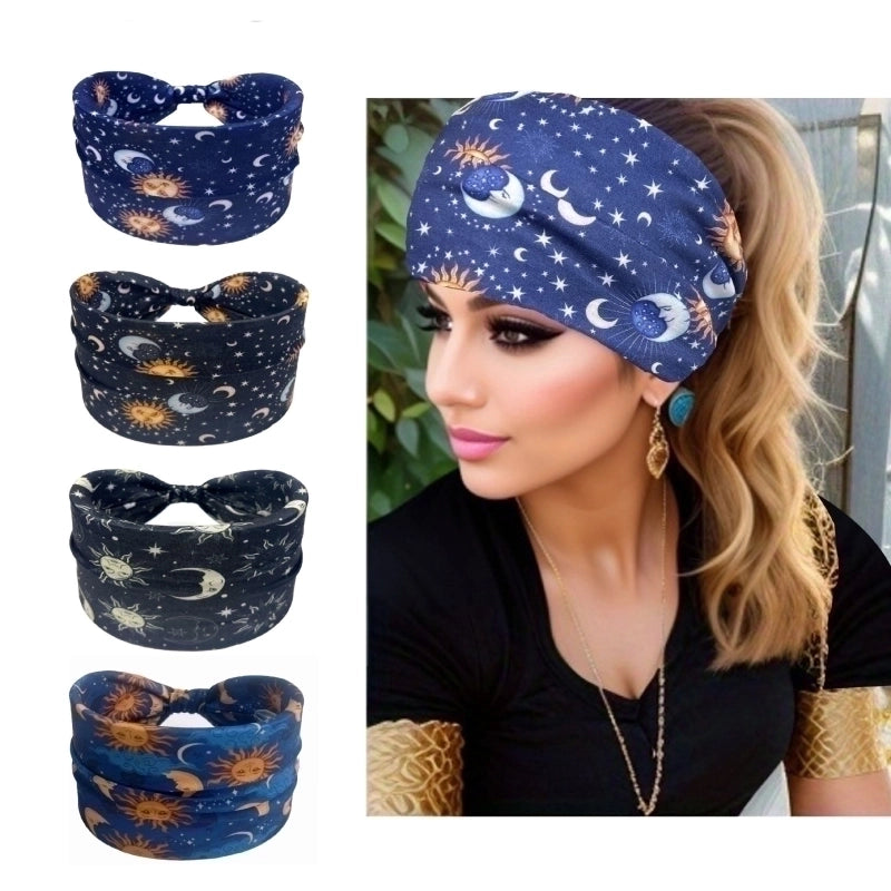 Moon Sun Pattern Printed Wide Side Headband Not Slippery Knotted Hair Band Fashion Female Girl’s Headwear