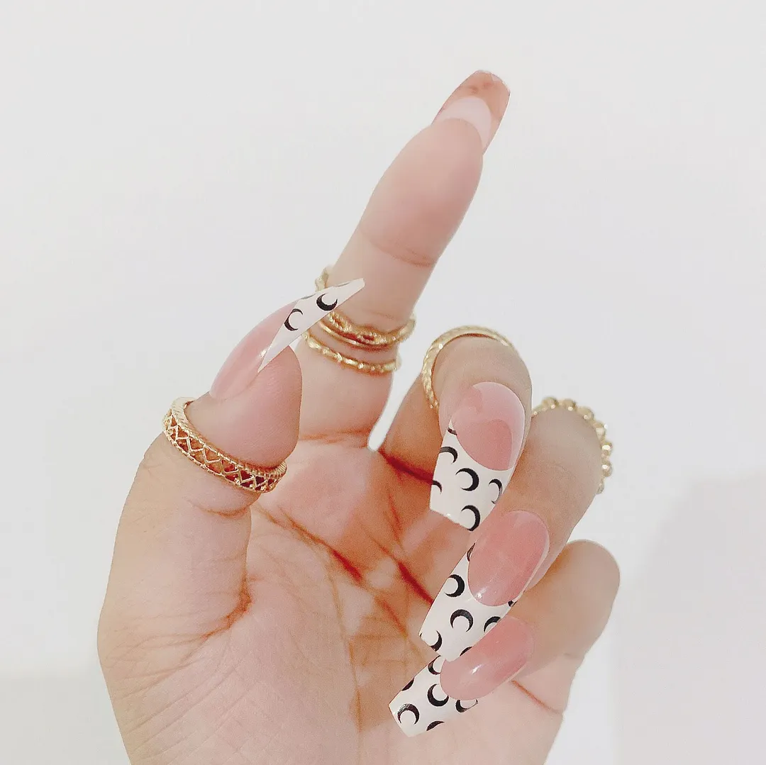 24Pcs Long Ballerina False Nail Love Pattern French Coffin Fake Nails Full Cover Wearable DIY Manicure Tools Press On Nails-Nail Inspo