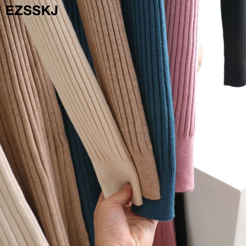 elegant Long sleeve OL O-neck long Sweater dress women Thick knit Autumn Winter dress female Slim A-line basic dress casual