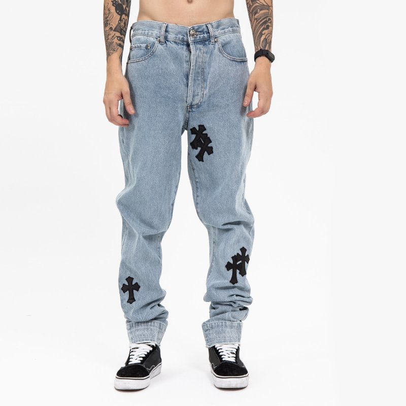 Cross embroidery blue Jeans trend men's pants