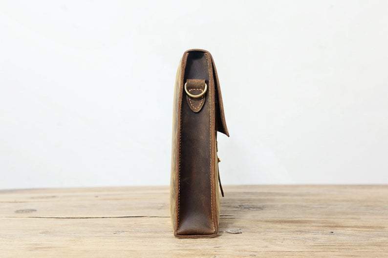 Rustic distressed leather crossbody bag , slim leather computer laptop bag for men , brown leather shoulder messenger bag.