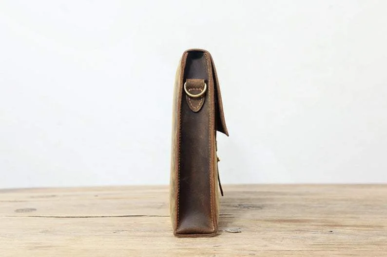 Rustic distressed leather crossbody bag , slim leather computer laptop bag for men , brown leather shoulder messenger bag.