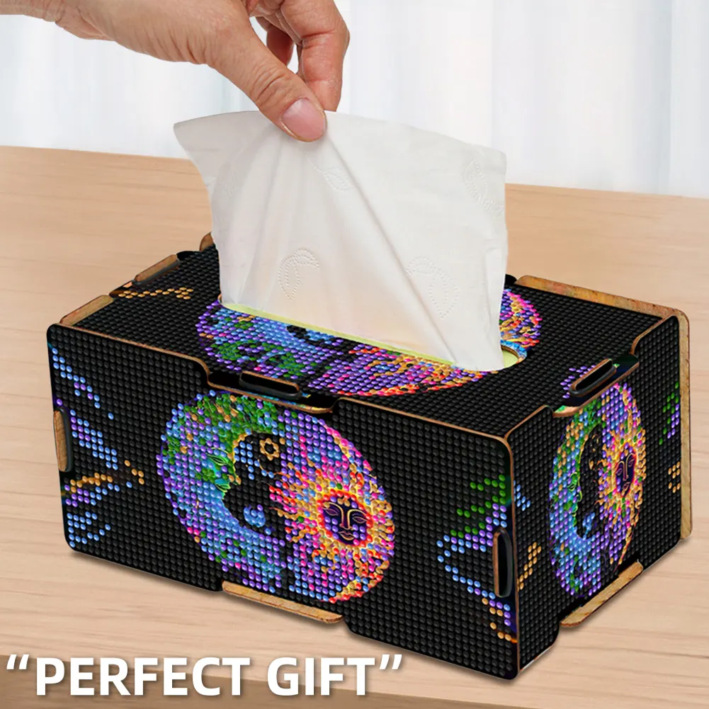 Sun and Moon Diamond Painting Tissue Box Wooden Diamond Art Tissue Storage Box