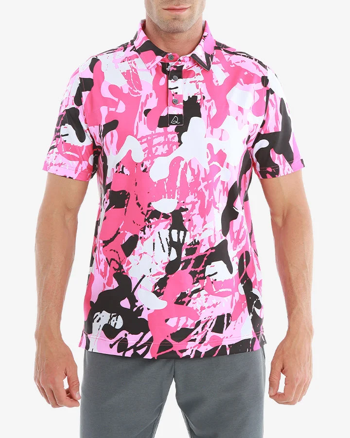 Men Pink And White Camouflage Golf Short Sleeve Polo Shirt