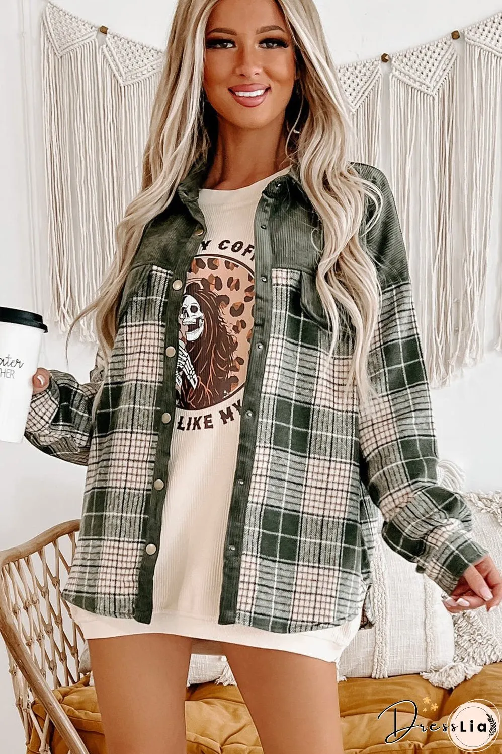 Green Plaid Corduroy Jacket with Pockets