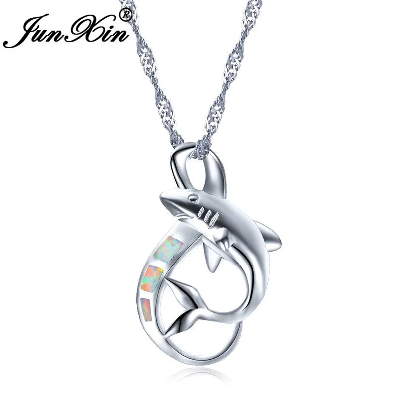 JUNXIN White/Blue Fire Opal Shark Pendants Necklaces For Women Silver Color Animal Jewelry Fashion Necklace NL0180