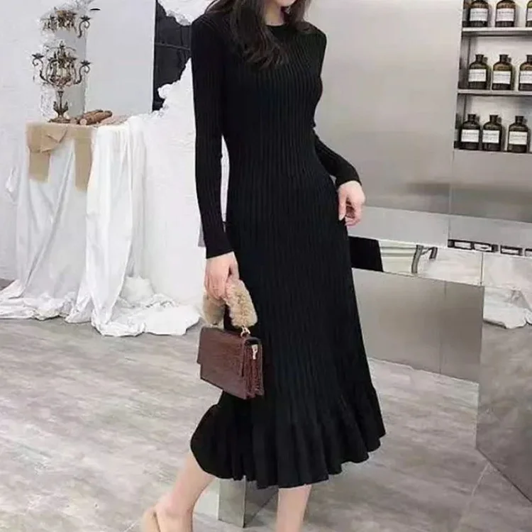 Fashion O Neck Ruffled Waist Elegant Solid Color Sexy Sweater Dress