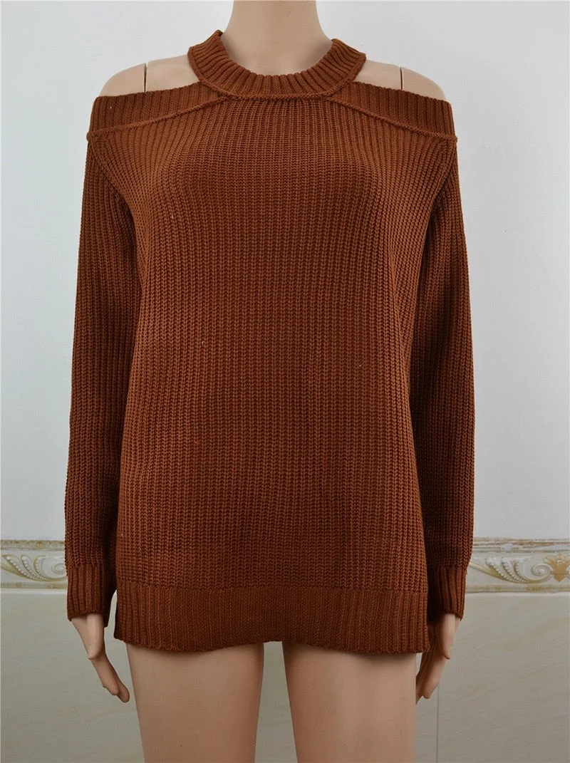 Fitshinling Open Shoulder Pullover Women Sweaters Backless Criss Cross Jumper Knitwear Autumn Pull Long Sleeve Female Sweater