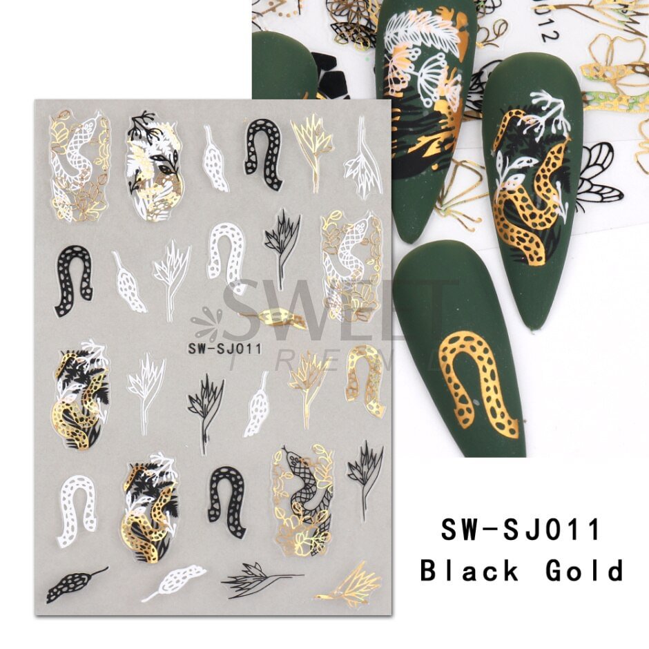 Applyw Black Gold Snake Nail Art Stickers 3D Laser Geometry Flowers Leaves Design Decals Holographic Wraps Decoration LYSW-SJ
