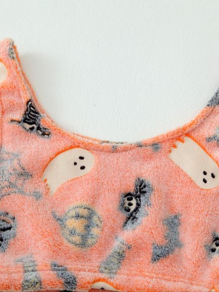 4 Counts/2 Set Women's Halloween Print Glow in The Dark Crop Tank Top & Elastic Waist Shorts Fluffy Pajamas, Casual Comfortable Loungewear for Women, Comfy Loungewear for Women, Women's Sleepwear for Fall, Fluffy Pajamas