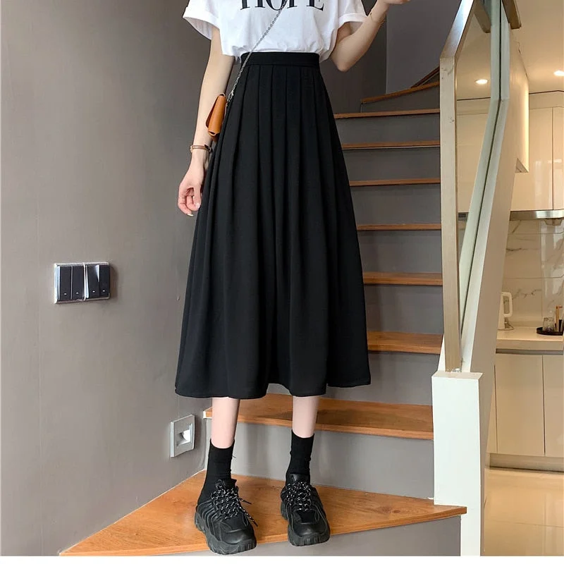 Uforever21  Casual Lace-up Women Pleated Mid-length Skirts 2022 Summer High Waist Female A-line Long Skirts Elegant Loose Skirts