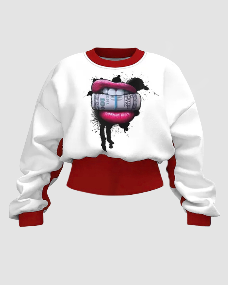 Colorblock Lips Print Round Neck Sweatshirt
