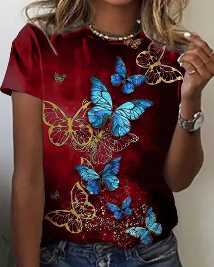 Butterfly print short sleeve V-neck
